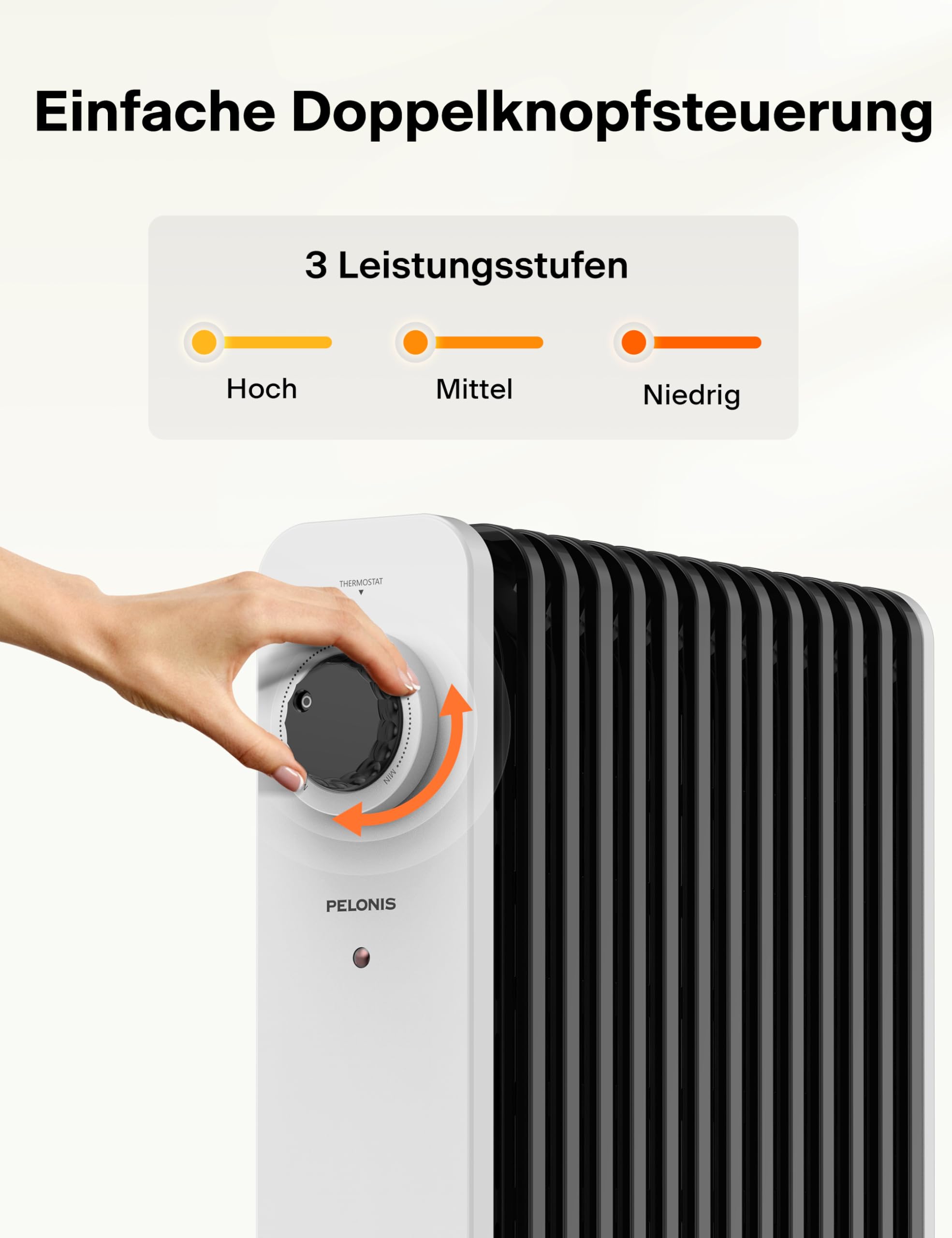 PELONIS Grzejnik Olejowy 2500W, 13 Żeberek, Termostat, 3 Poziomy — miniatura 5
