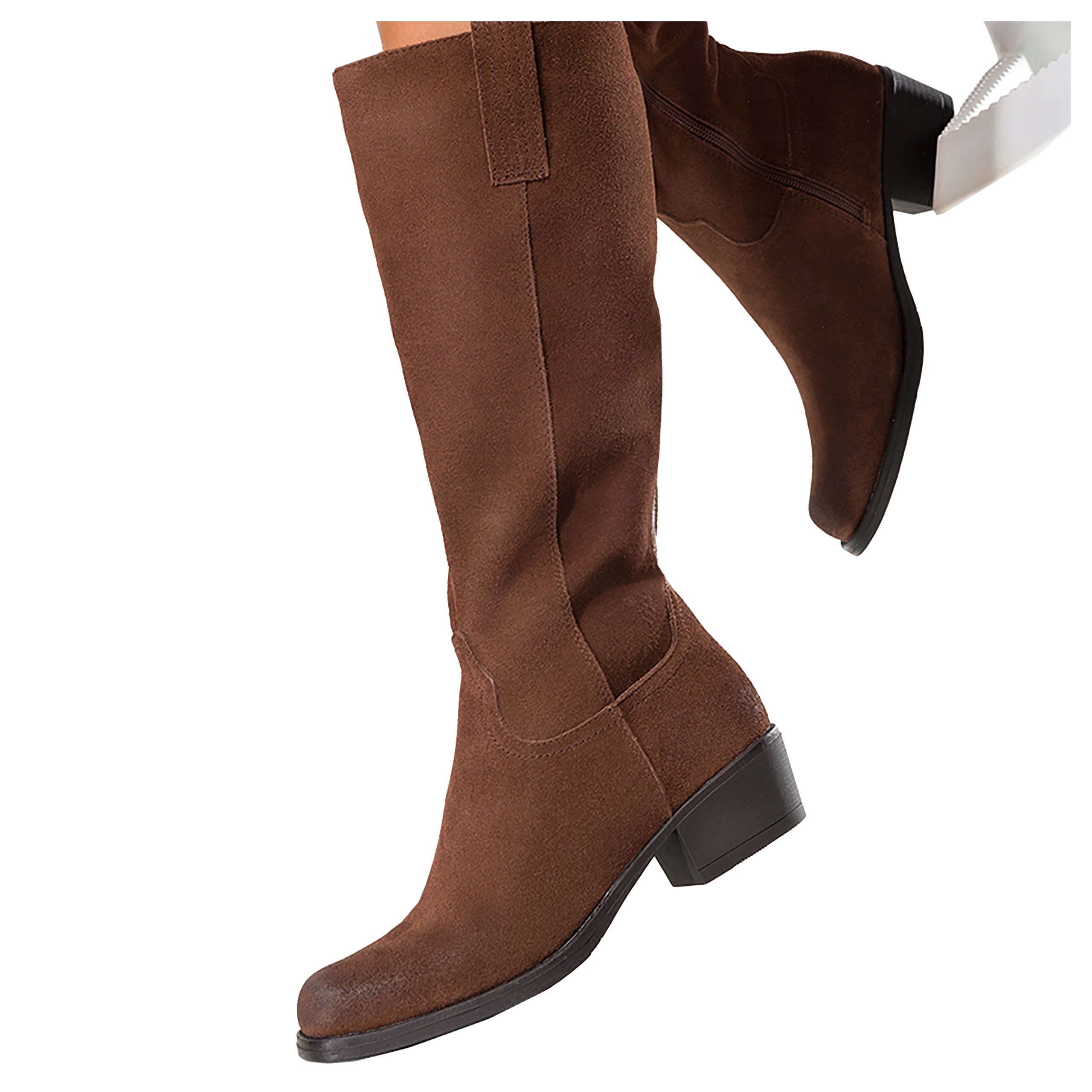 Dámské kožené kozačky Hnědé Kovbojské Boty Před Kolenem Nízký podpatek vel. 36