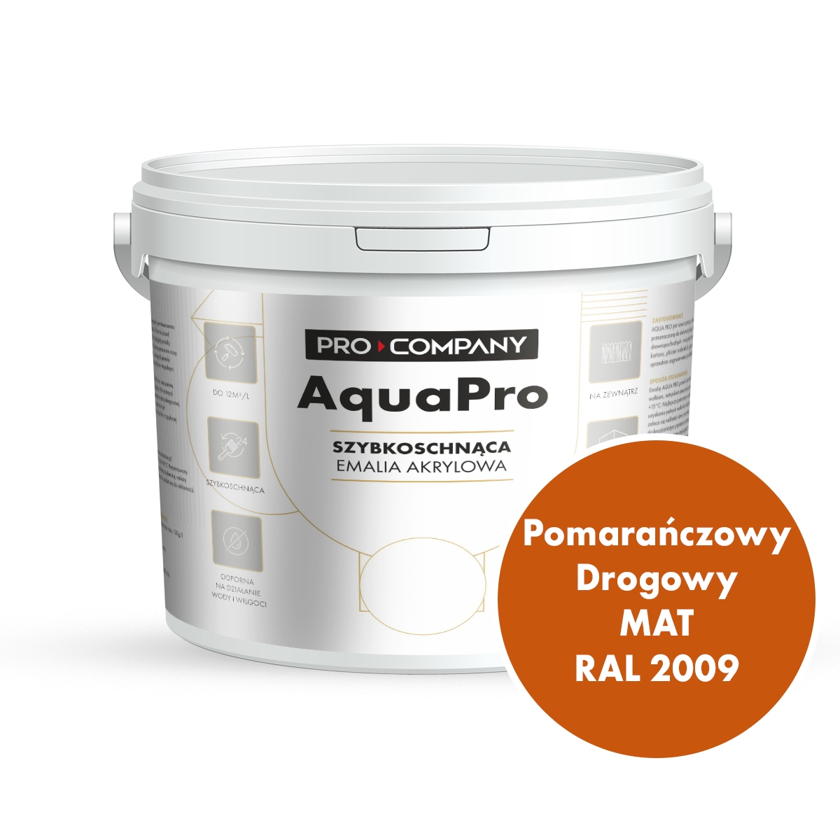 Aqua Pro Emalia Akrylowa Szybkoschnąca 9L Pomarańczowy Drogowy Mat Ral 2009