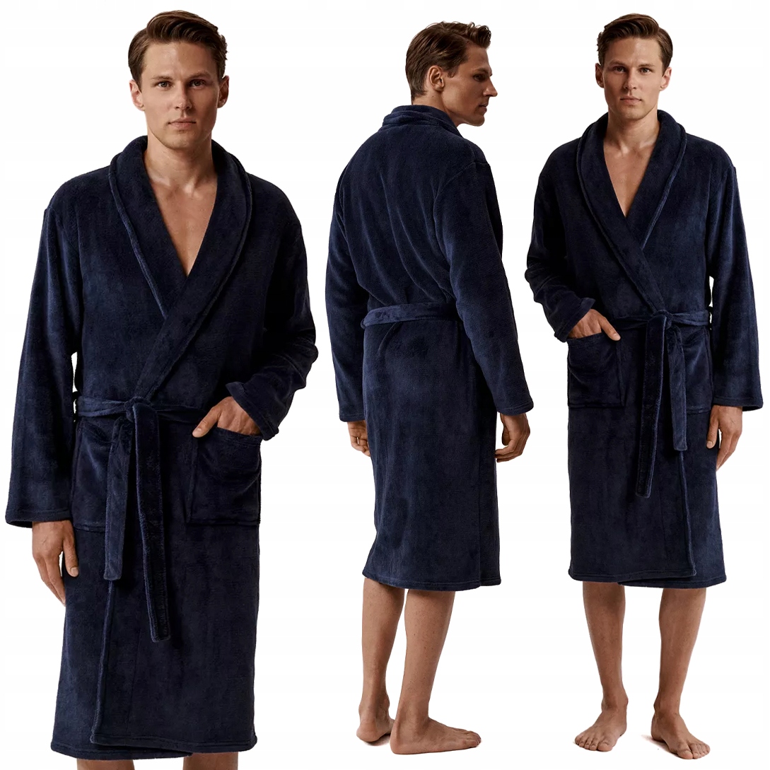 Elegantní pánský župan s vázanými kapsami Atlantic, tmavě modrý XL/XXL