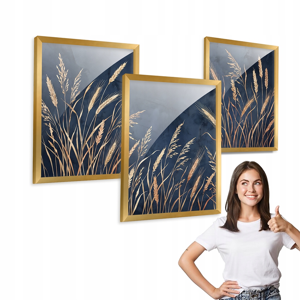 Sada 3 obrazů Zlaté Obiloviny Tmavě Modrá, zlatý rámeček 50x70 do obývacího pokoje