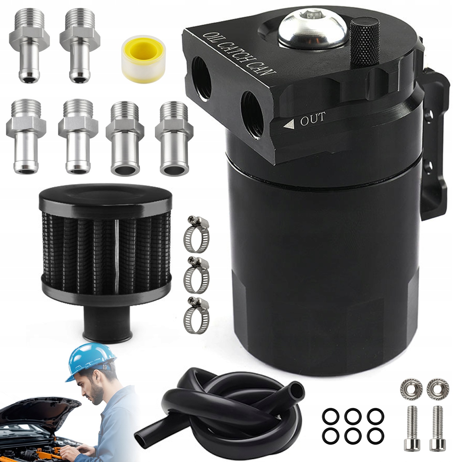 Oil Catch Tank Odlučovač Oleje Sada S Filtrem Hrdla 6 8 10 MM 3CCC Černá