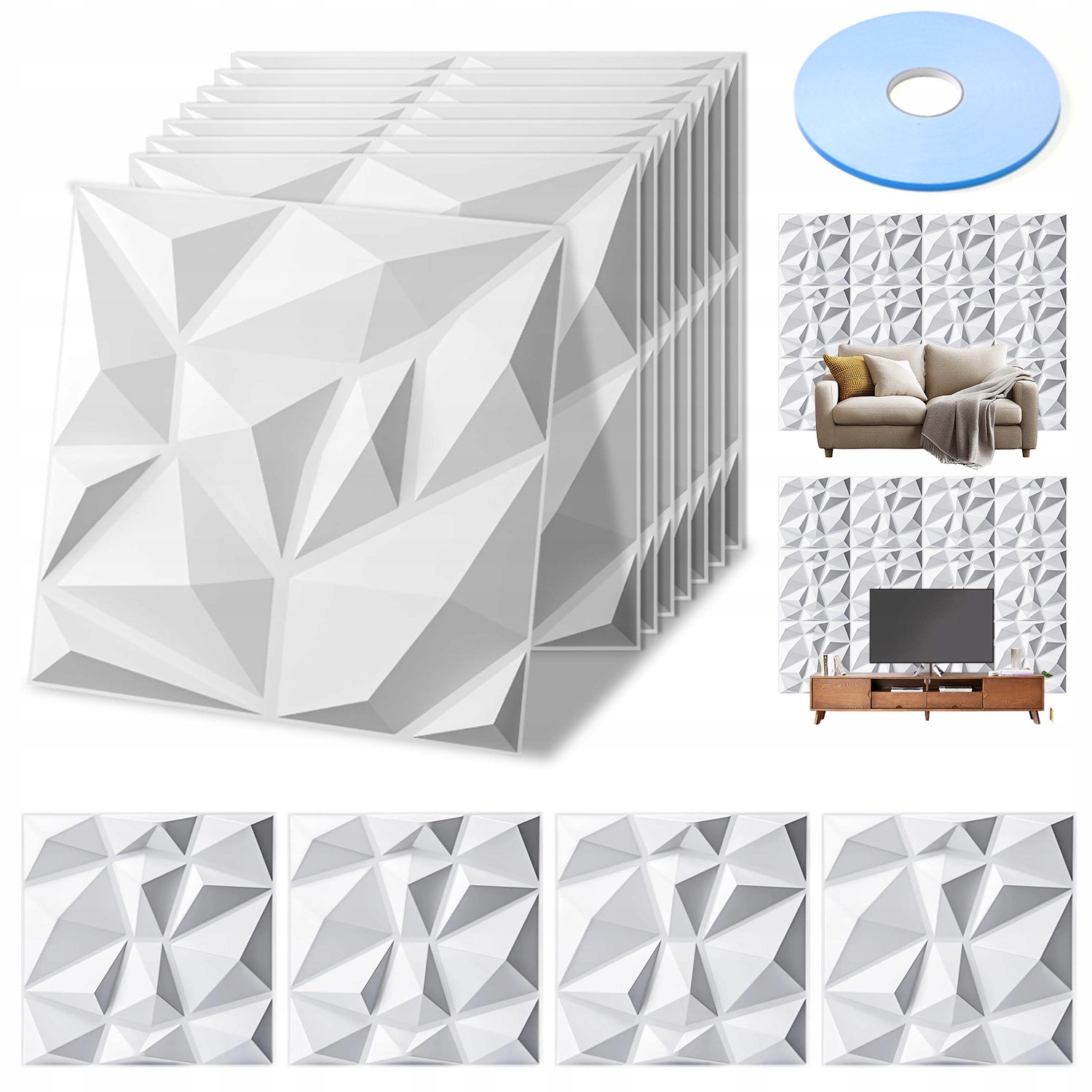 3D Pvc Nástěnné Panely Bílé 50X50 CM 12 Ks Do Obývacího Pokoje Ložnice Kanceláře