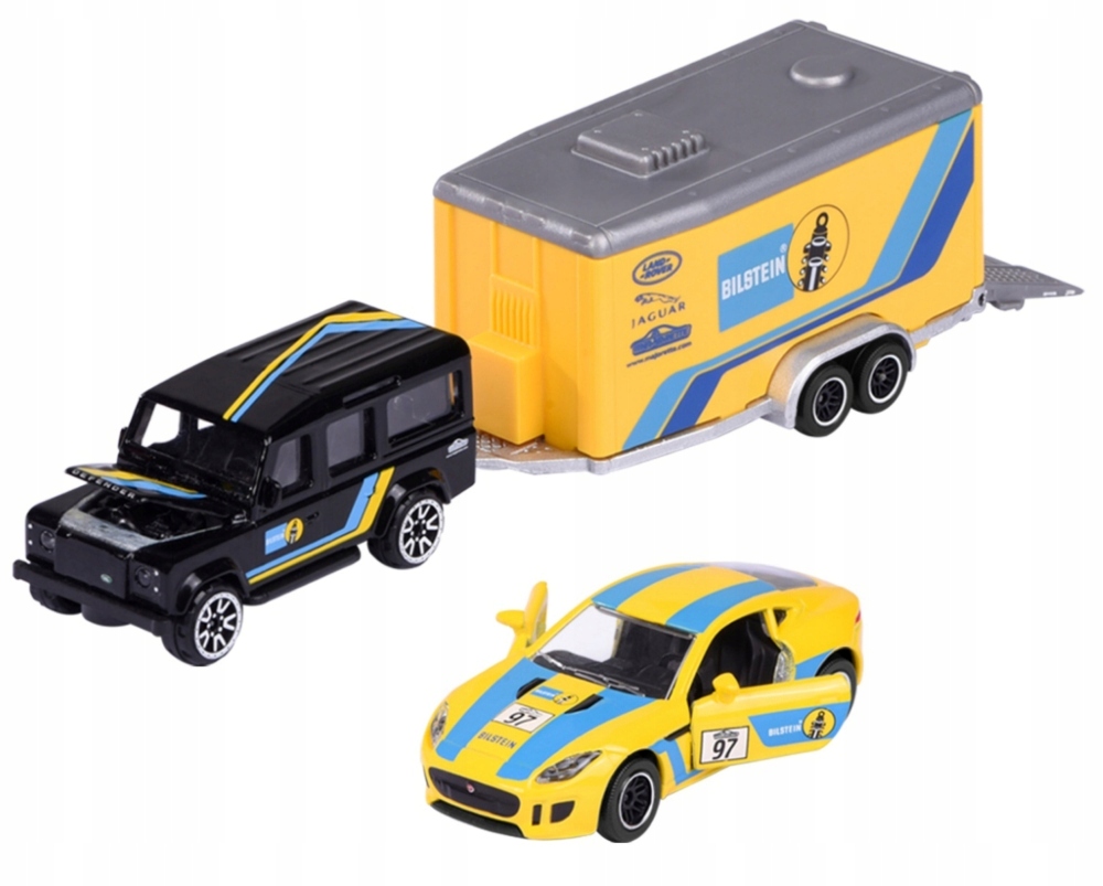 

Land Rover auto z przyczepą i wyścigówką Majorette