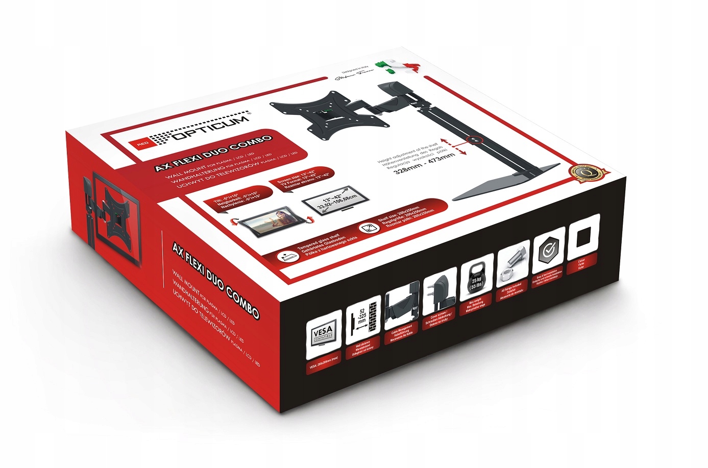 PÓŁKA SZKLANA + WIESZAK OBROTOWY UCHWYT TELEWIZORA Model Flexi Duo Combo