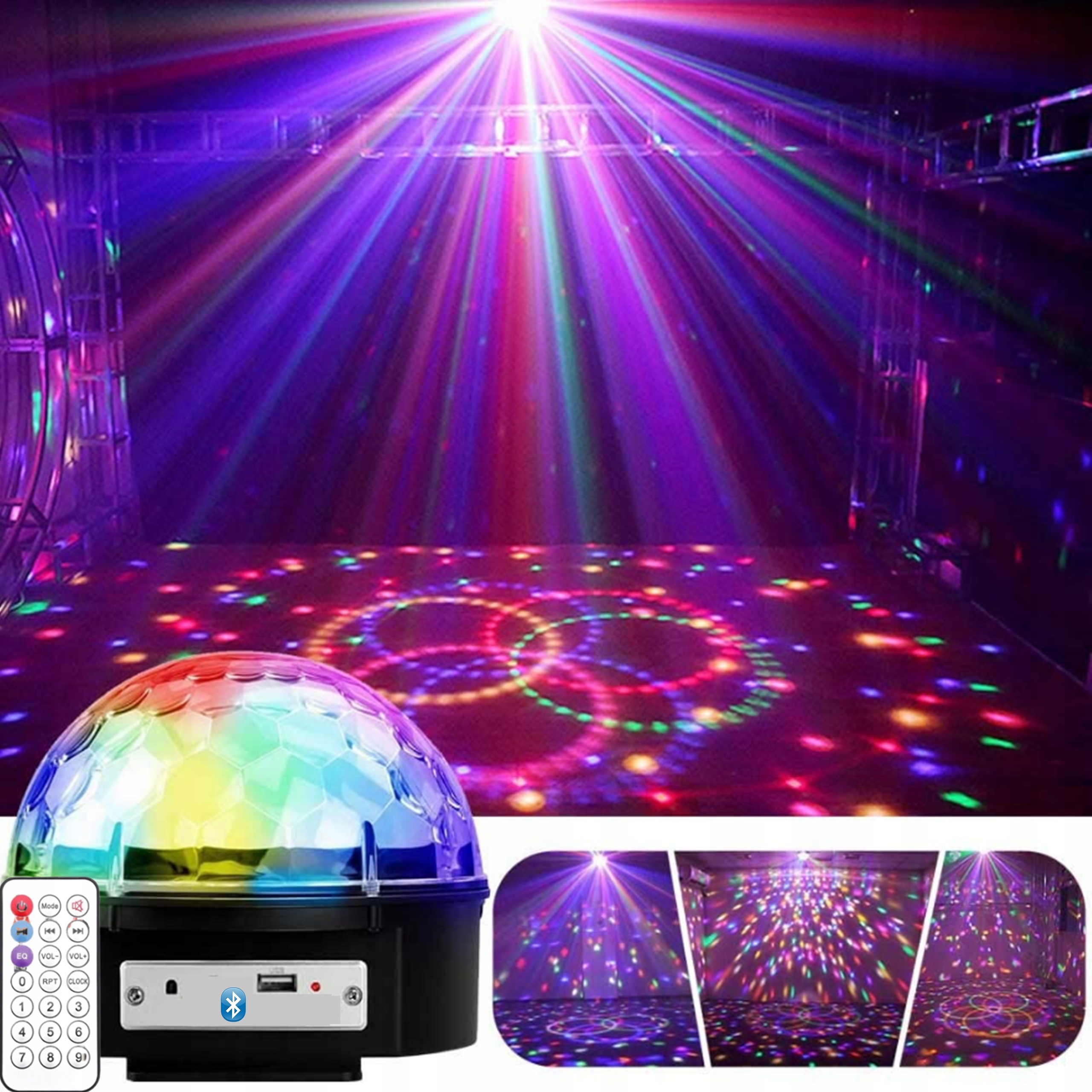PROJEKTOR DYSKOTEKOWY KULA DISCO REFLEKTOR LED LASER Z PILOTEM Z GŁOŚNIKEM Komunikacja Bluetooth