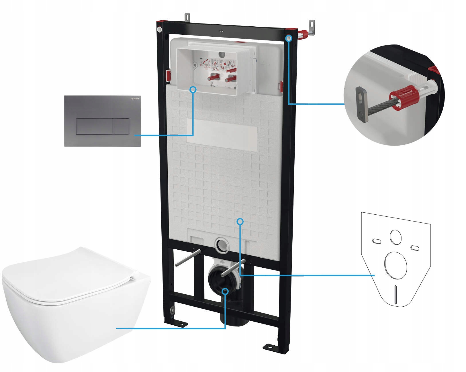Podomítkový Wc set 6v1 Deante: Rám, miska, tlačítko, deska