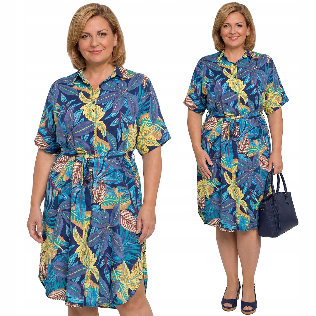 Šaty s páskem, žluté tropické vzory plus size velikost 54
