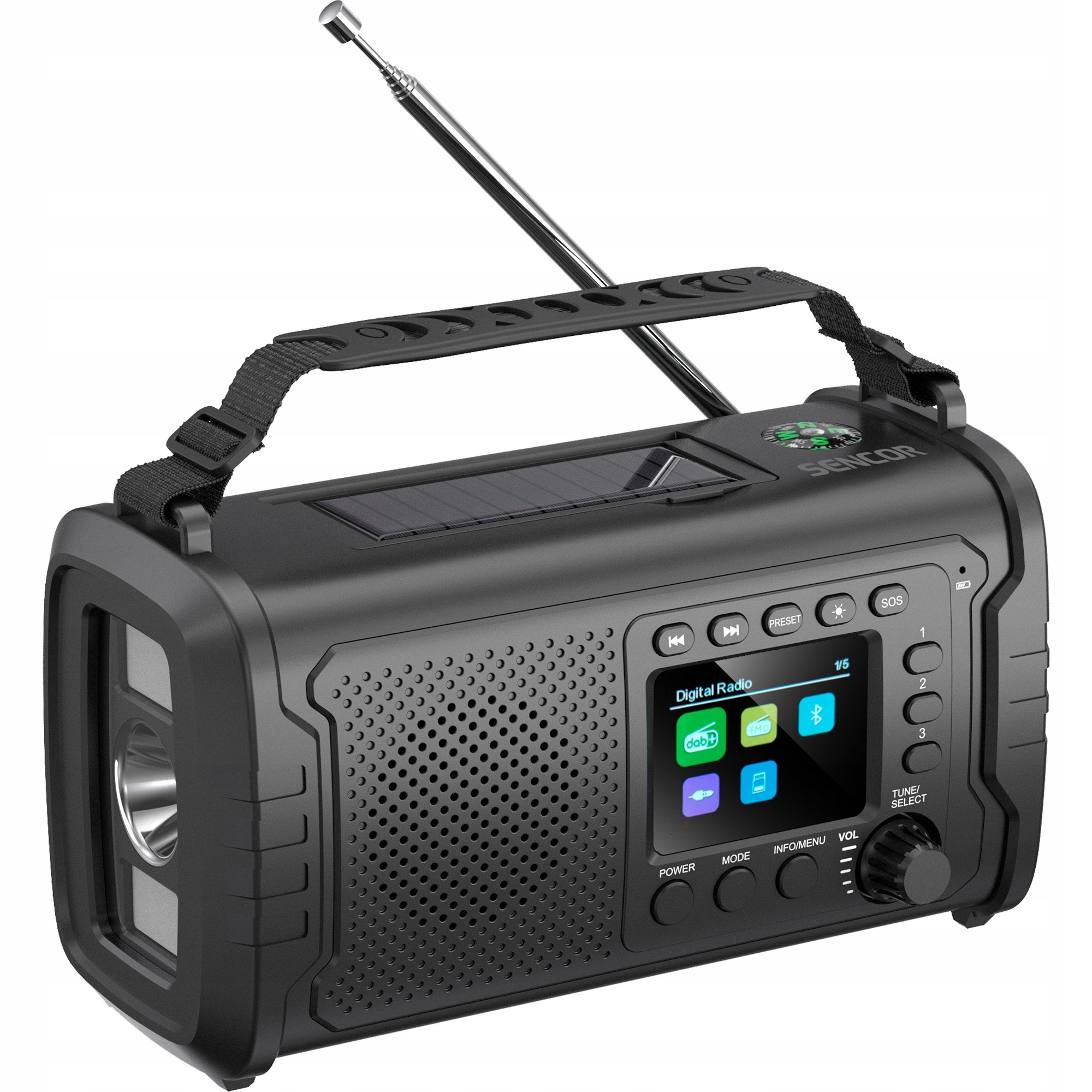 Przenośne Radio Taktyczne Na Korbkę Bateria Słoneczna Usb-c Latarka IPX4