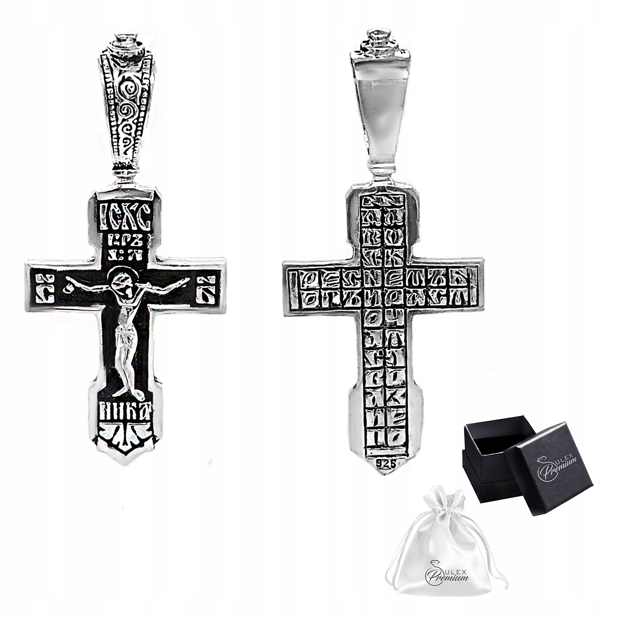 Stříbrný křížek ryzost 925 Pravoslavný oboustranný s Kristem a modlitbou
