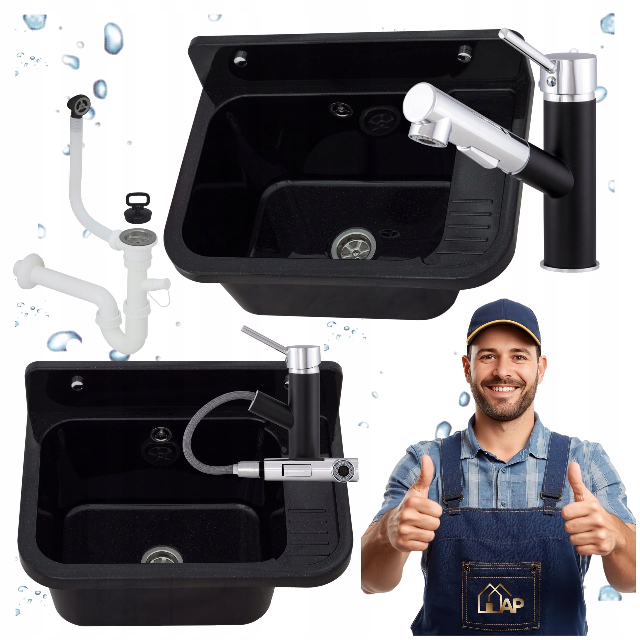 Technický Dřez Komora Garáž Kotelna Baterie Černá S Vytahovací Sprškou