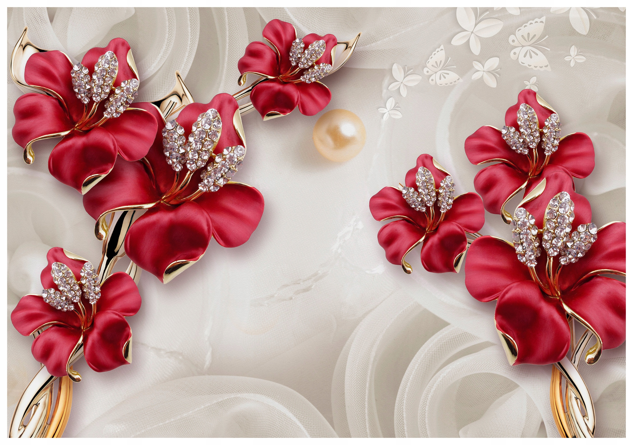 Vliesová fototapeta Červené kvety perly motýle zlato 368x254 lepidlo