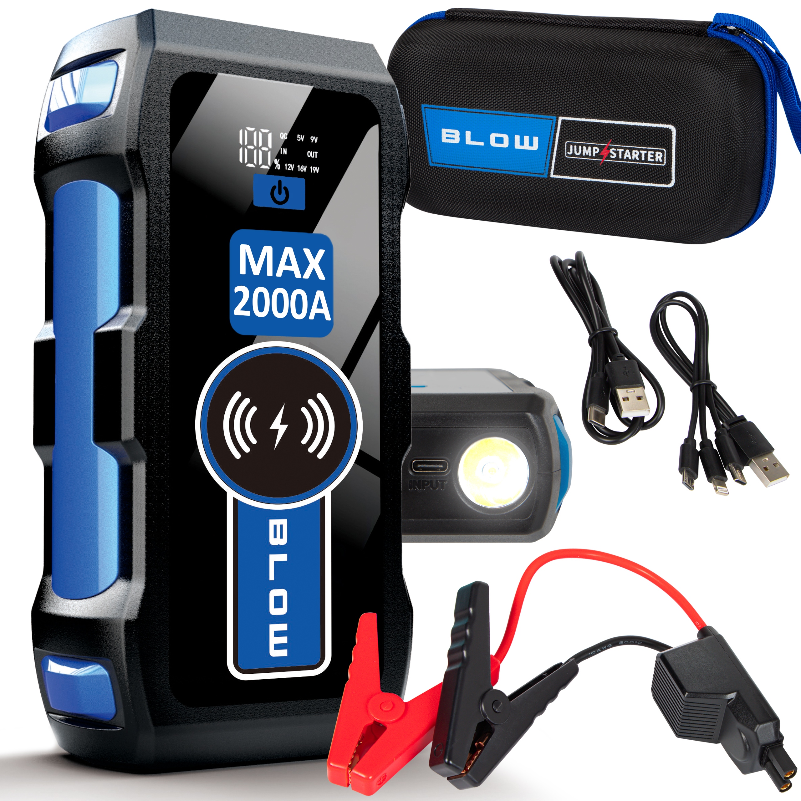 Výkonný Jump Starter Booster Startování 2000A Powerbanka Led Startér 12000 mAh