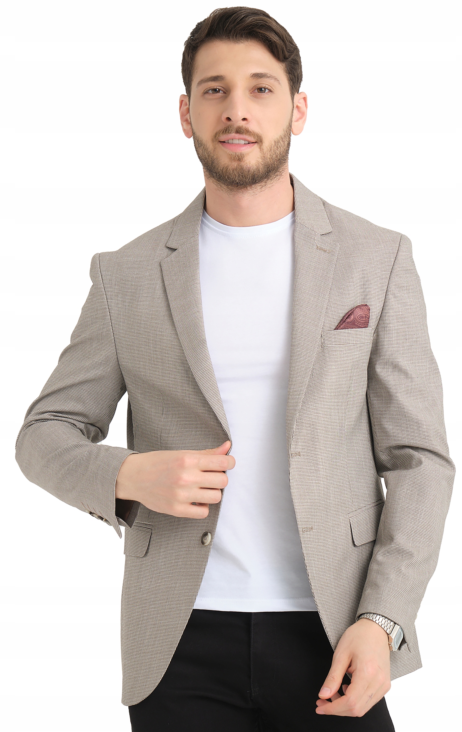 MARYNARKA MĘSKA BEŻOWA W PEPITKĘ WIZYTOWA ELEGANCKA BIZNESOWA CASUAL 48