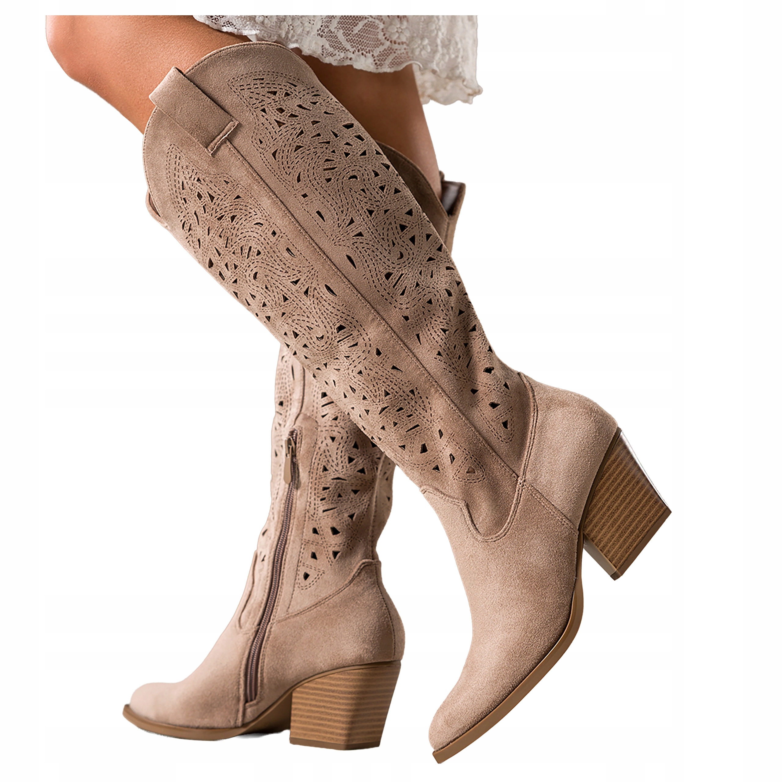 Béžové Kozačky Dámské Ažurové Svršek Zkosená Kostka Pohodlné Kovbojské Boty vel. 38