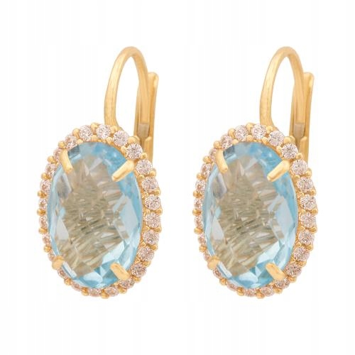 Náušnice zlaté 585 s velkým kamenem v barvě akvamarínu se zirkony