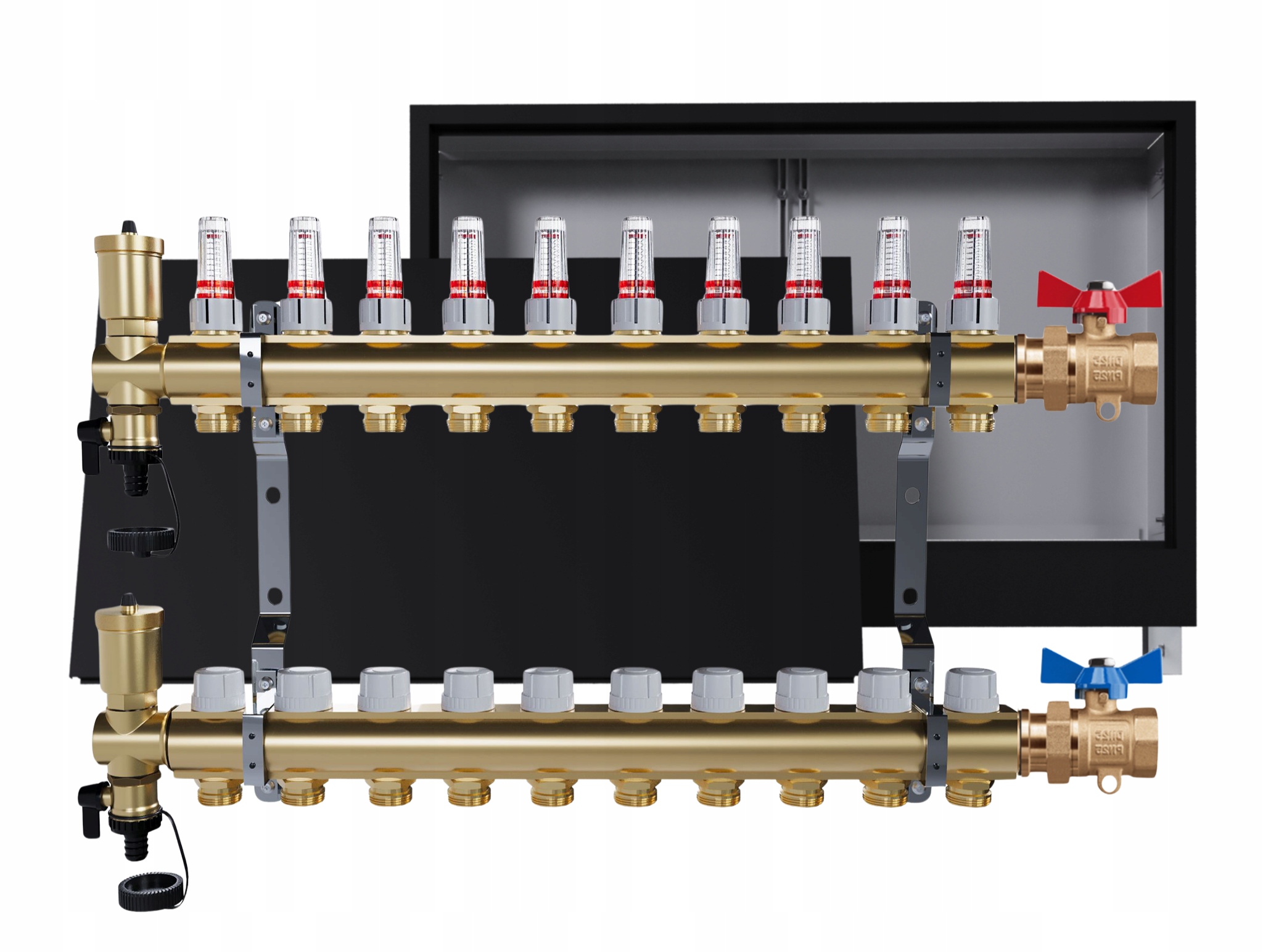 Rozdělovač podlahových krytin mosazný 10 okruhů skříňka černá jednoduchý ventil