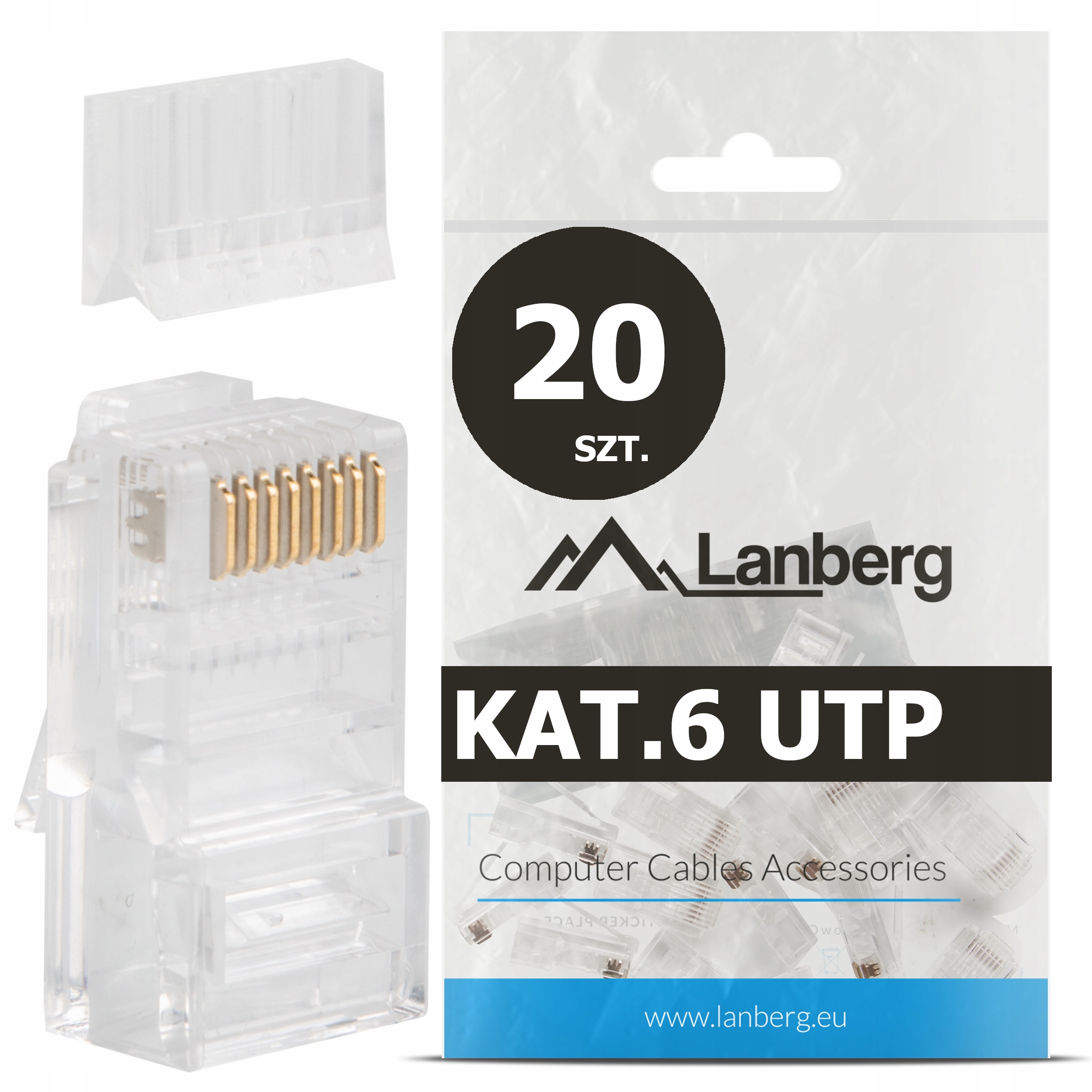 20 Szt. Końcówki Wtyk Wtyki RJ45 8P8C Utp KAT.6 CAT.6 Z Prowadnicą Lanberg
