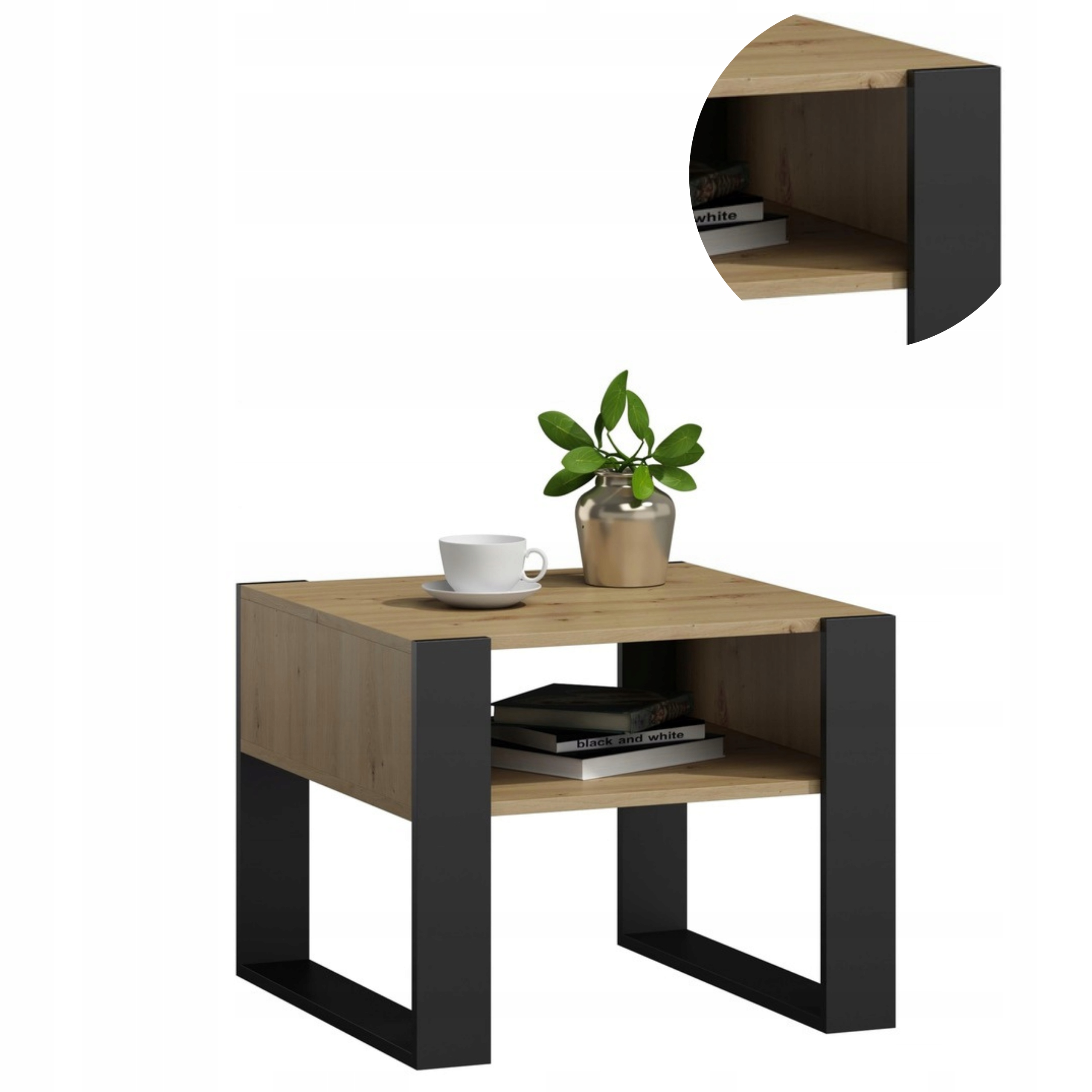 Lavica Kaja Kwadrat artisan-čierna konferenčný stolík 60 cm, malý stôl s poličkou loft