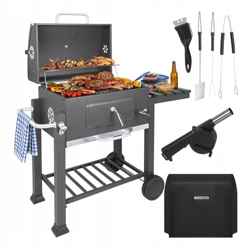 Grill węglowy ogrodowy żeliwny ruszt z pokrywą popielnik termometr 116x55cm