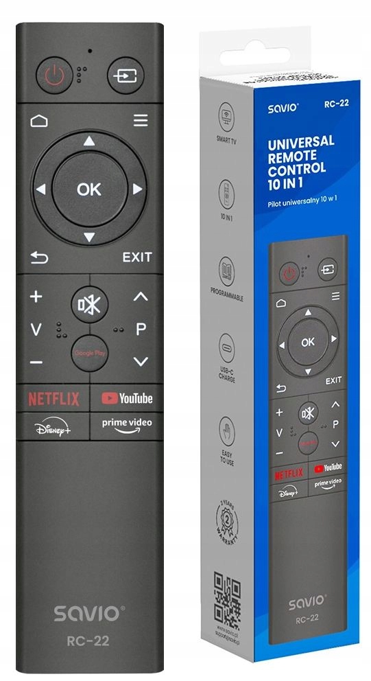 Pilot uniwersalny do TV 10 w 1 USB-C SMART TV Netflix YT Disney SAVIO RC-22
