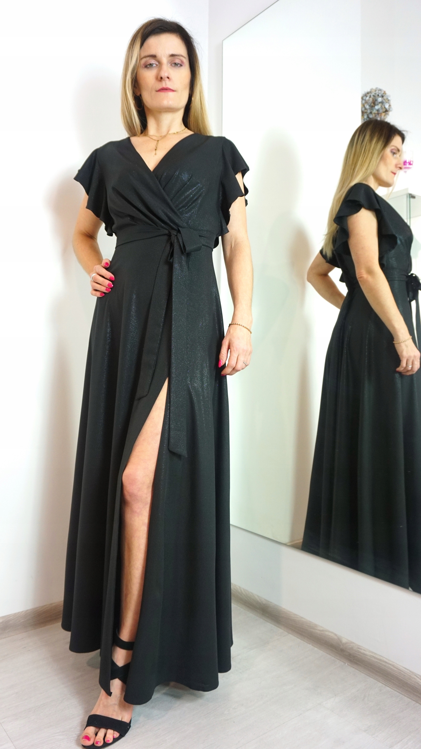 SUKIENKA WIZYTOWA DŁUGA FALBANKA RĘKAWEK r. 42 Rozmiar 42