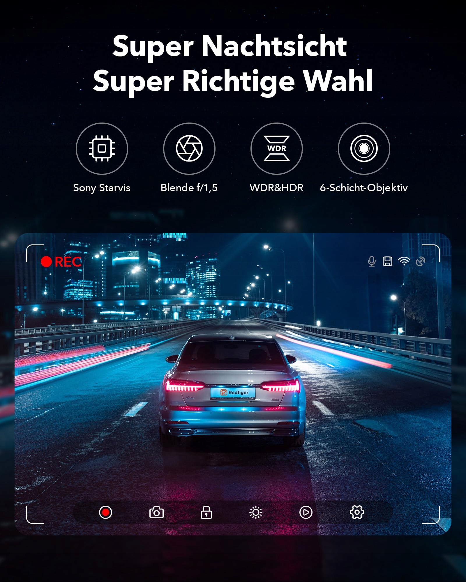 REDTIGER Kamera Samochodowa 4K GPS WiFi Ekran IPS 32GB Karta Nocny Tryb — miniatura 5