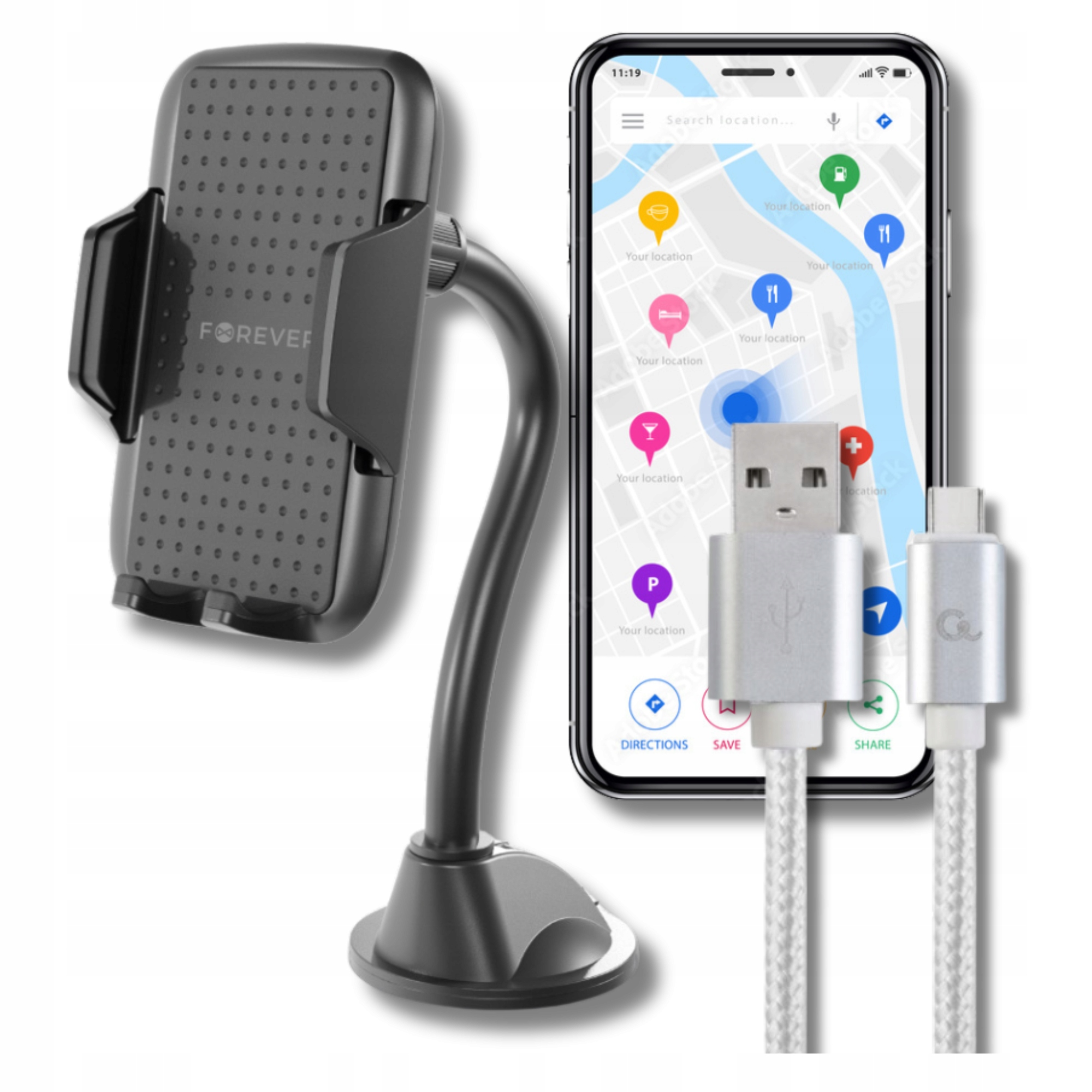 Uchwyt na telefon Samochodowy na Szybę Deskę Kokpit Kabel Usb-c