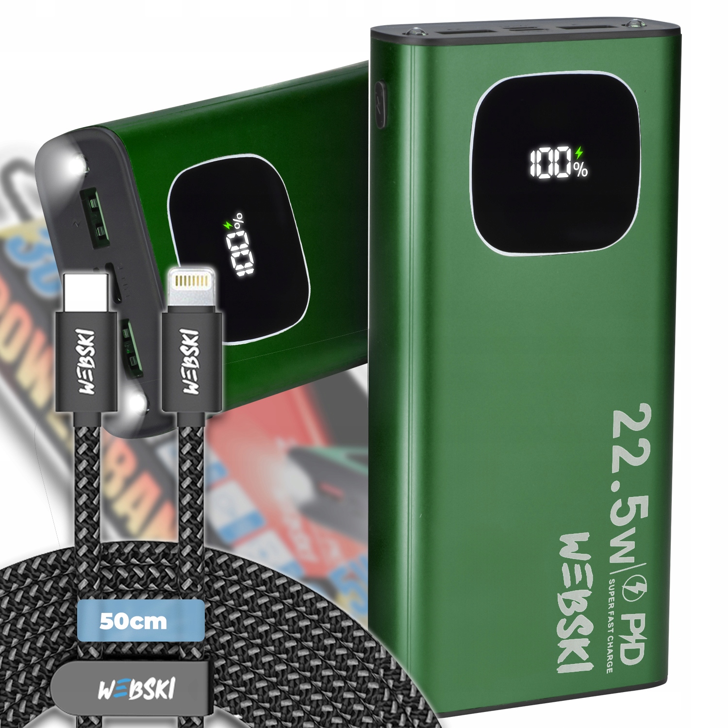 Výkonná Powerbanka 30000MAH Usb-c Quick Charge+lightning Kabel 50 CM