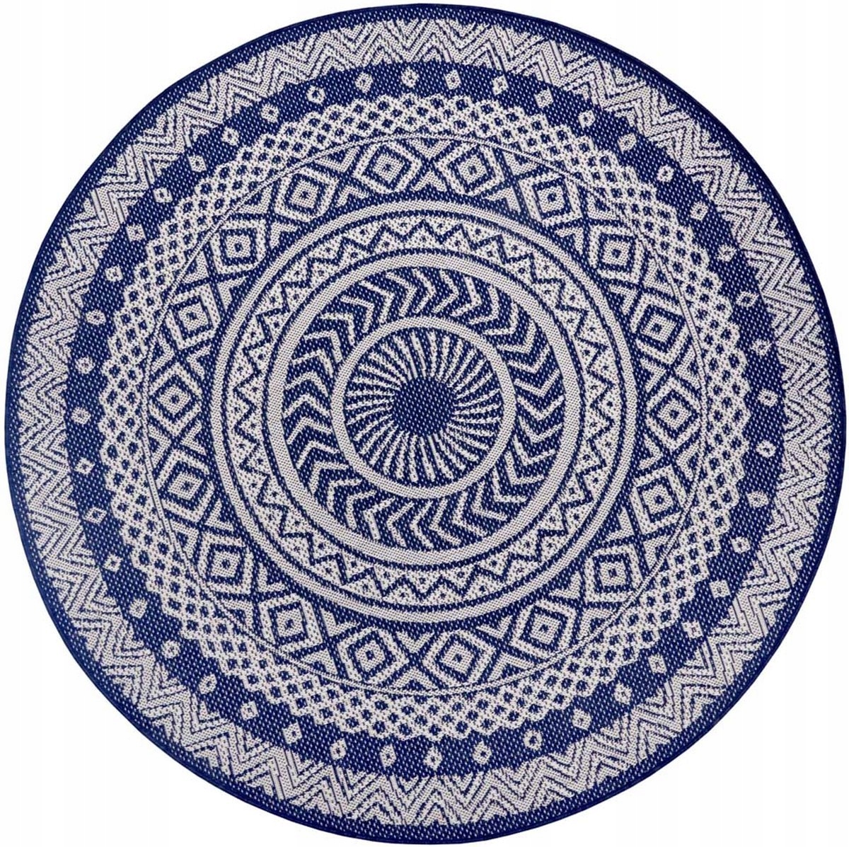 Koberec kulatý 120 cm, plochý tkaný, provázkový, modro krémová mandala
