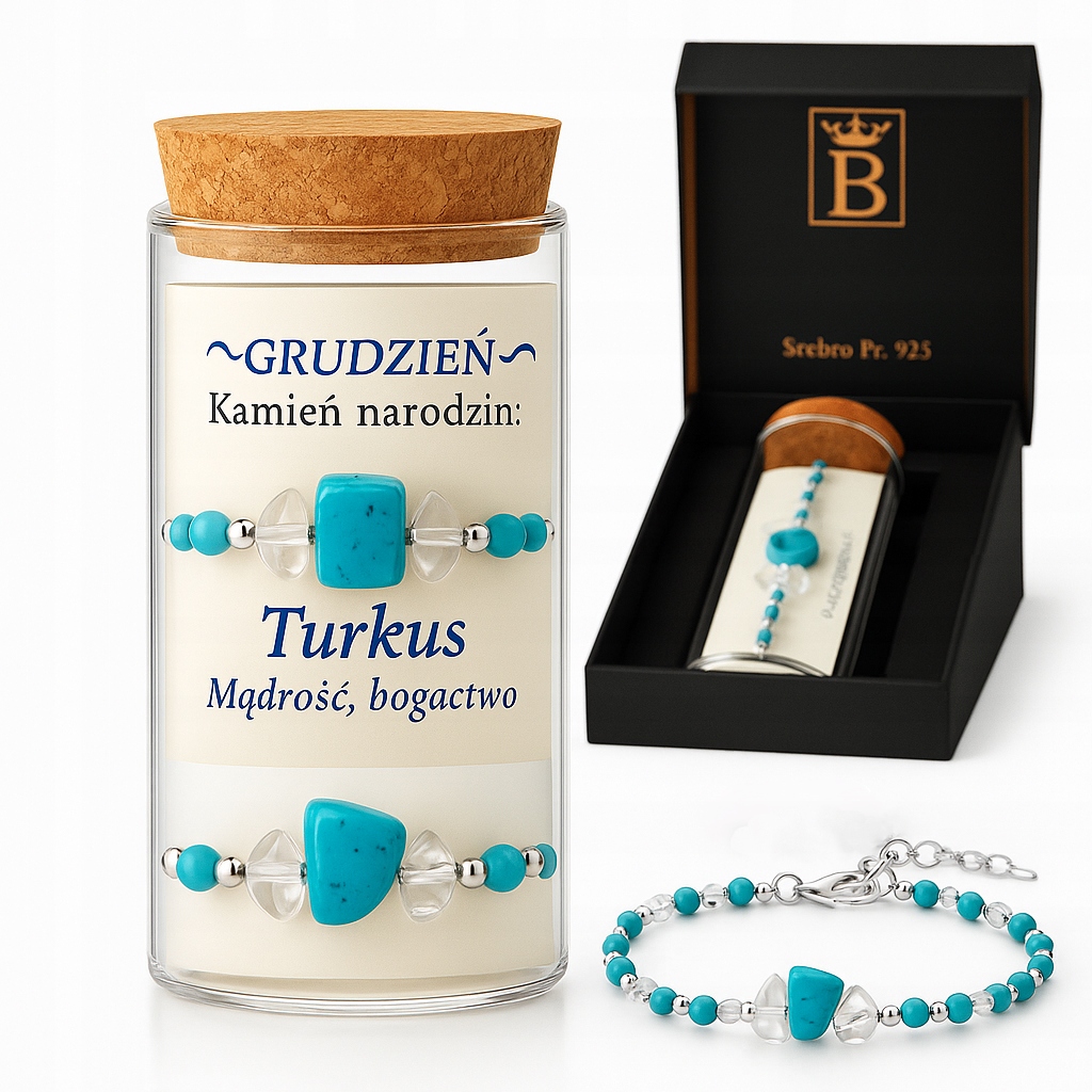 Stříbrný dámský náramek v lahvičce prosinec tyrkys stříbro o ryzosti 925