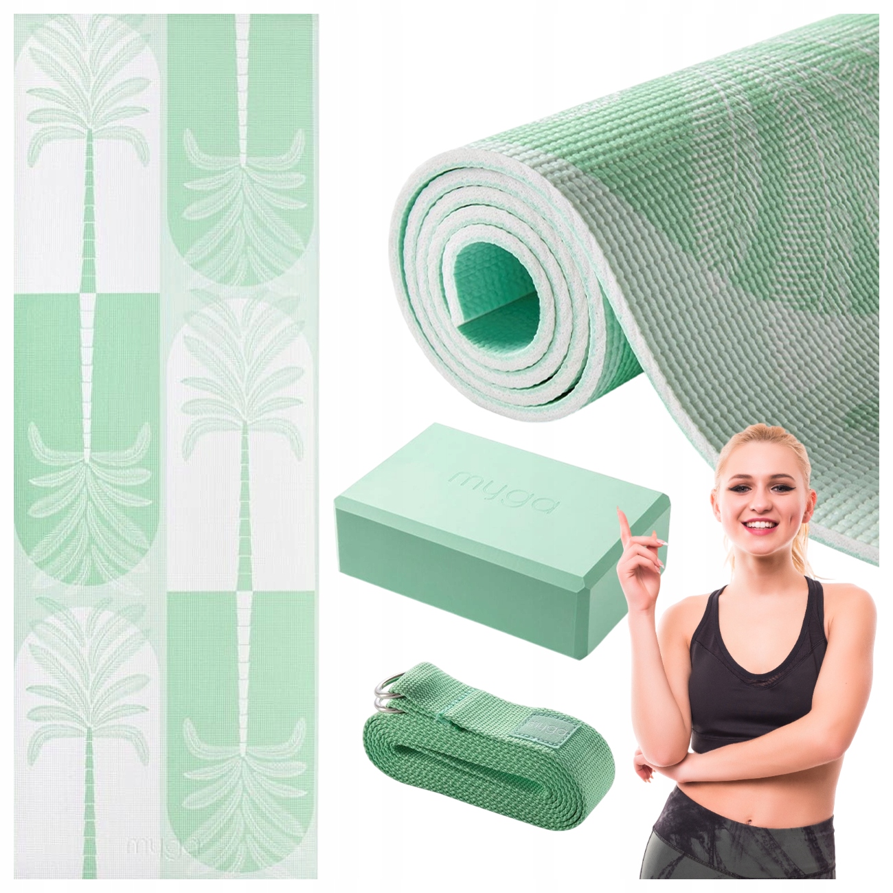 Sada Na Jógu Myga Sage Palm Yoga Set: Podložka, Kostka, Pásek