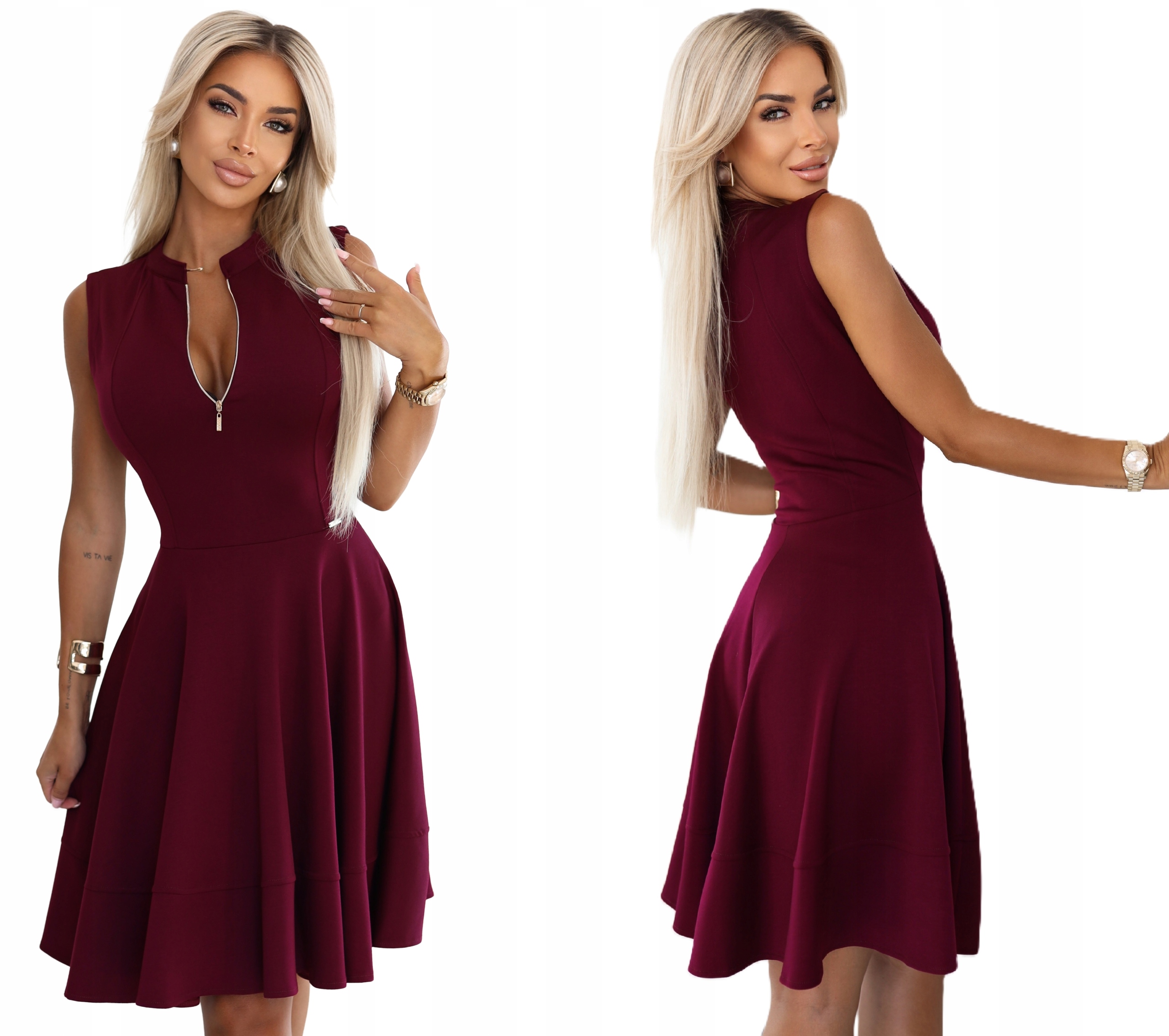 Klasická, Mírně Prošívaná Šaty Se Zipem Ve Výstřihu Bordó S