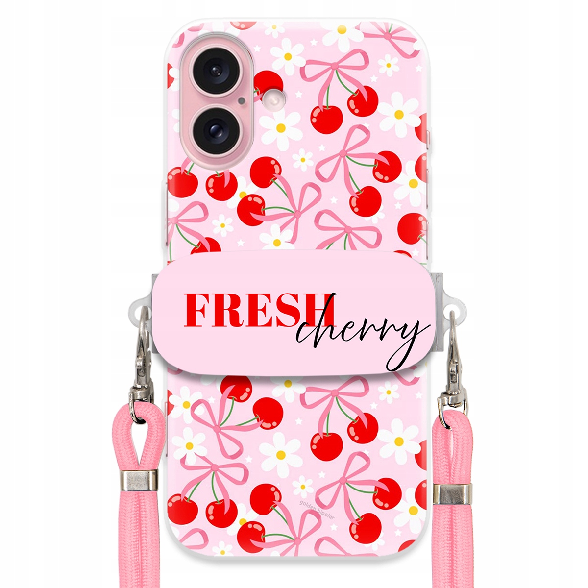 Puzdro na iPHONE 16 Case Držiak šnúrok Ružový Fresh Cherry Čerešňové mašle