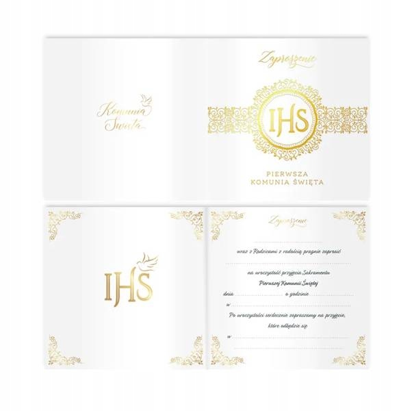 ZAPROSZENIE NA KOMUNIĘ IHS ZŁOTE 14X14 CM 1 SZT Kolor biały