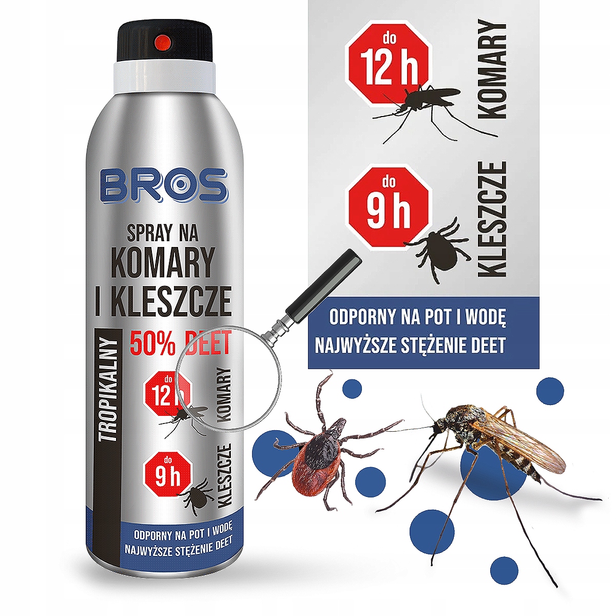 Bros Silny Środek Preparat Spray na Komary Tropikalne Kleszcze 50 % Deet