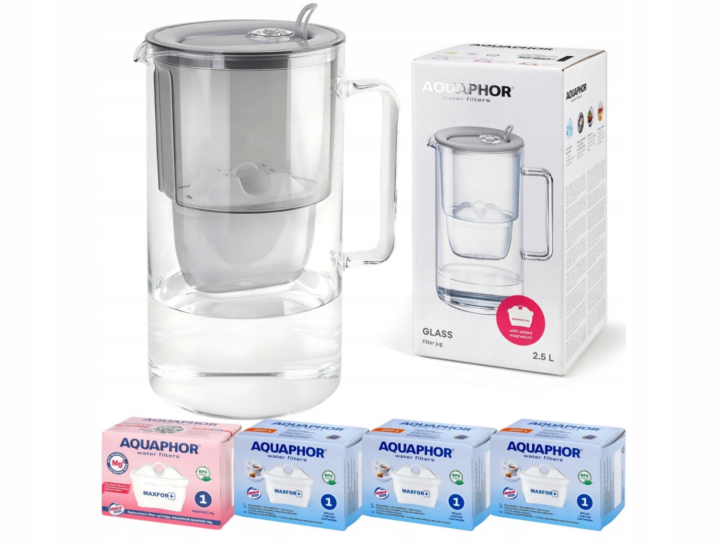 Dzbanek filtrujący szklany Aquaphor Glass 2,5l 4 wkłady MIX, Szary