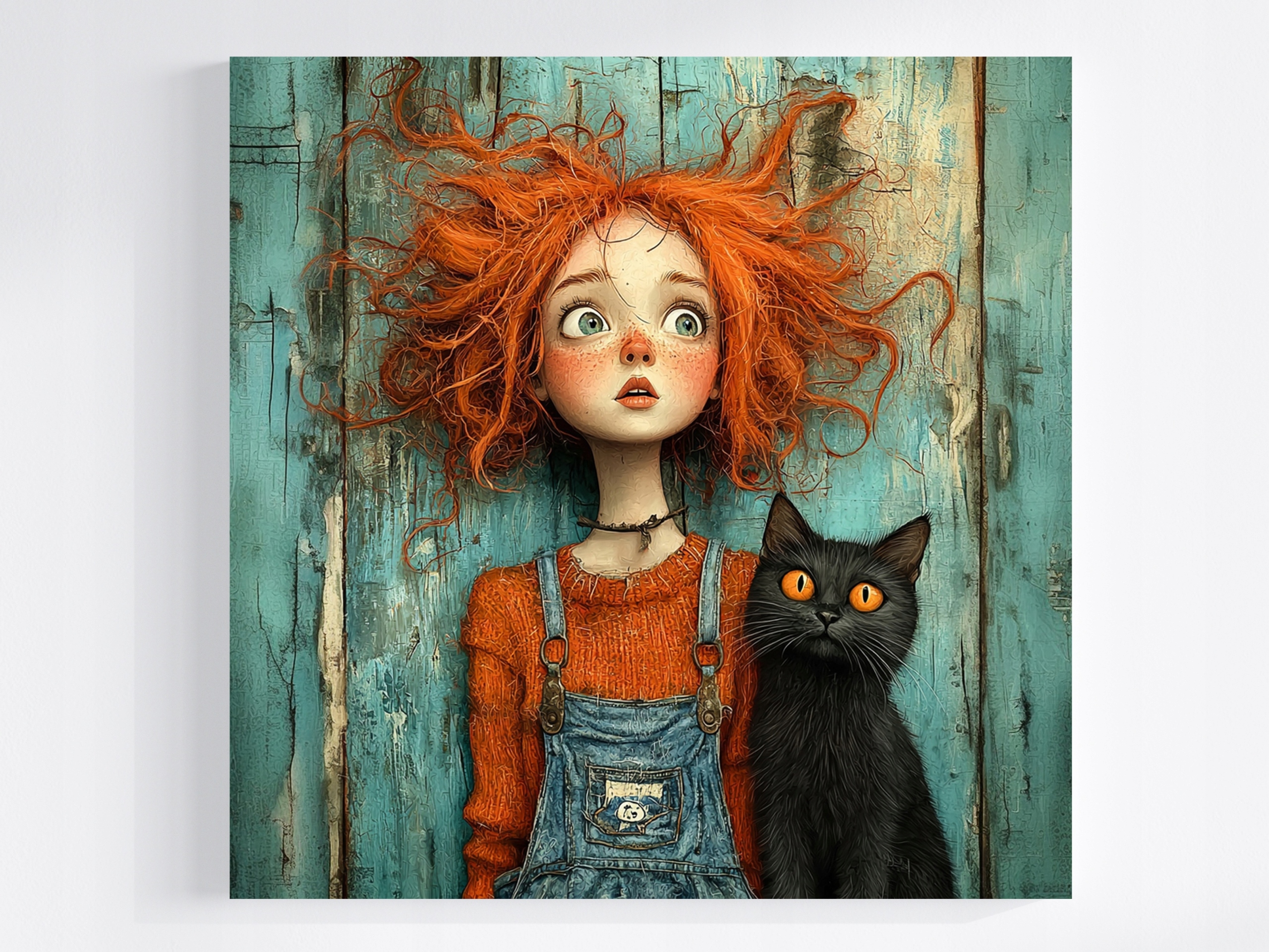 Obraz Na Plátně Canvas Rudá Dívka Černá Kočka Přátelství Portrét 60x60