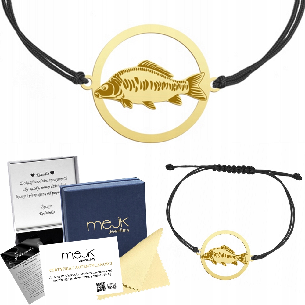 Zlatý náramek s kaprem 925 Šňůrka Dárek Šperky Dedikace Gravírování