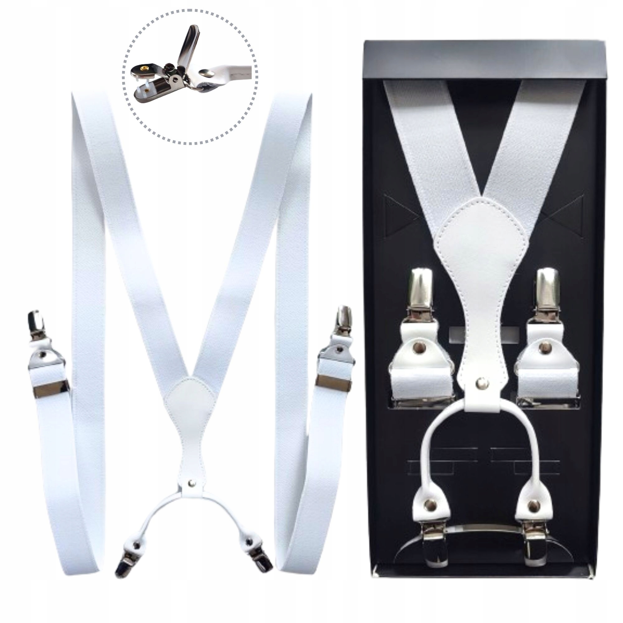 SZELKI DO SPODNI MĘSKIE BIAŁE ŚLUBNE DŁUGIE XXL 130CM NA PREZENT W PUDEŁKU