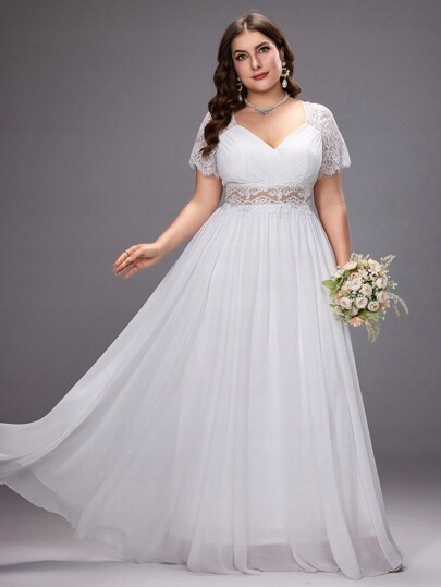 Shein Svatební Šaty Plus Size S Krajkovými Rukávy Na Svatební Hostina 48 1 Ma