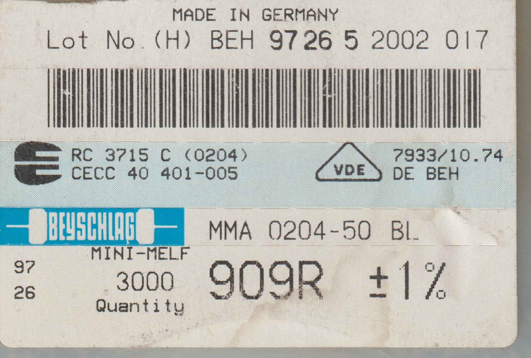 [100szt] 909R 1% 50ppm rezystor Smd minimelf MMA0204 Beyschlag low noise