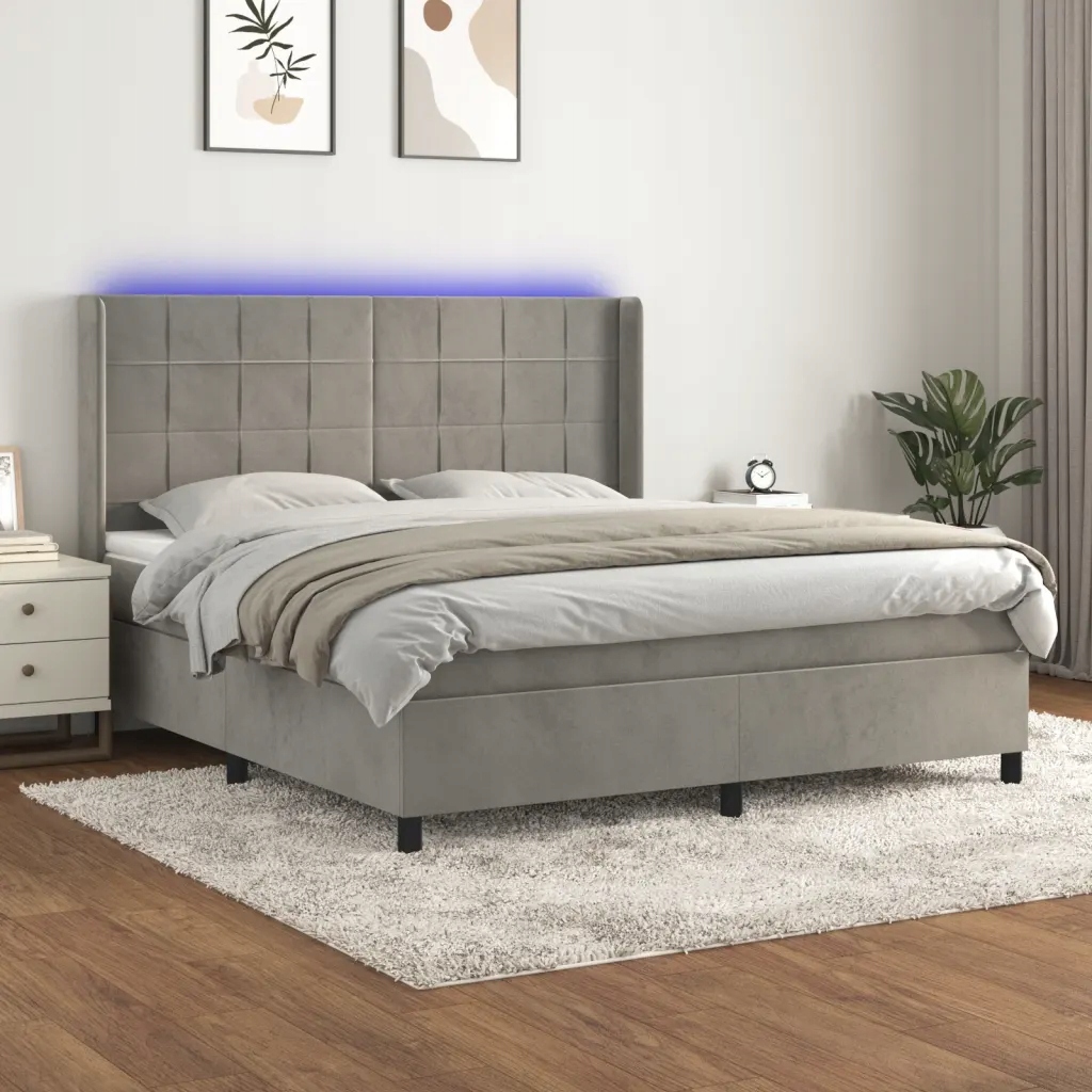 Box spring postel s matrací a Led světle šedá 180x200 cm samet Šedá 3139577