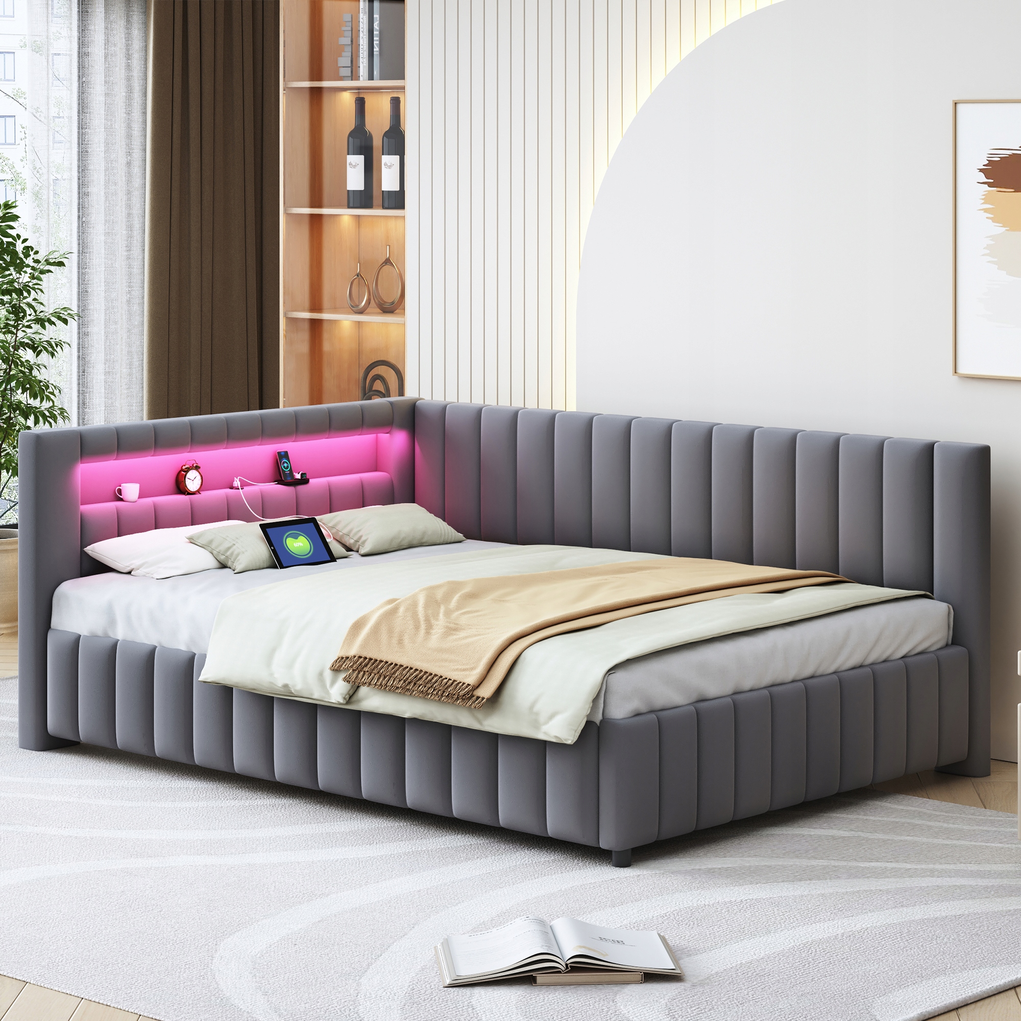 Čalouněná postel Sofa s postelí Usb 140 x 200 cm šedá