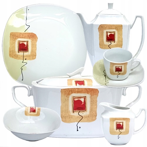 Obedová Súprava+kávový Servis Pre 12 Osôb 68-dielna Red Point Porcelán Poľsko
