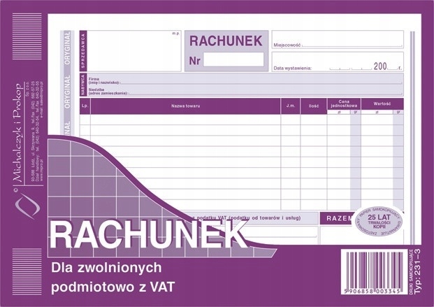 

Druk Rachunku Rachunek A5 dla zwolnionych z Vat