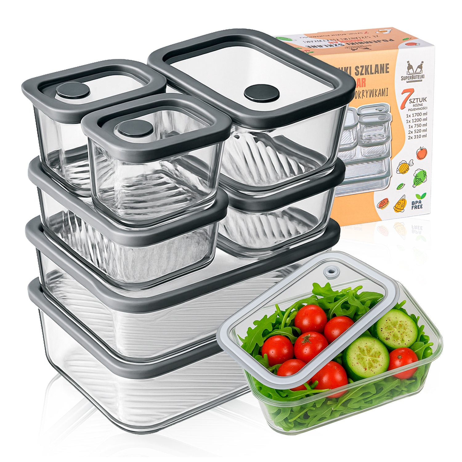 7x Lunchbox Szklany Pojemnik na Żywność Zestaw Modular do Lodówki Mikrofali