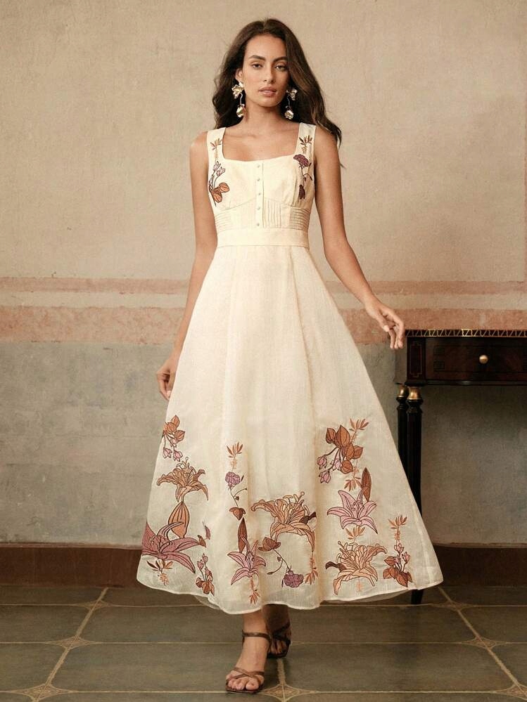 Trapézová Anevsta Šaty S Výšivkou Ecru (XL)