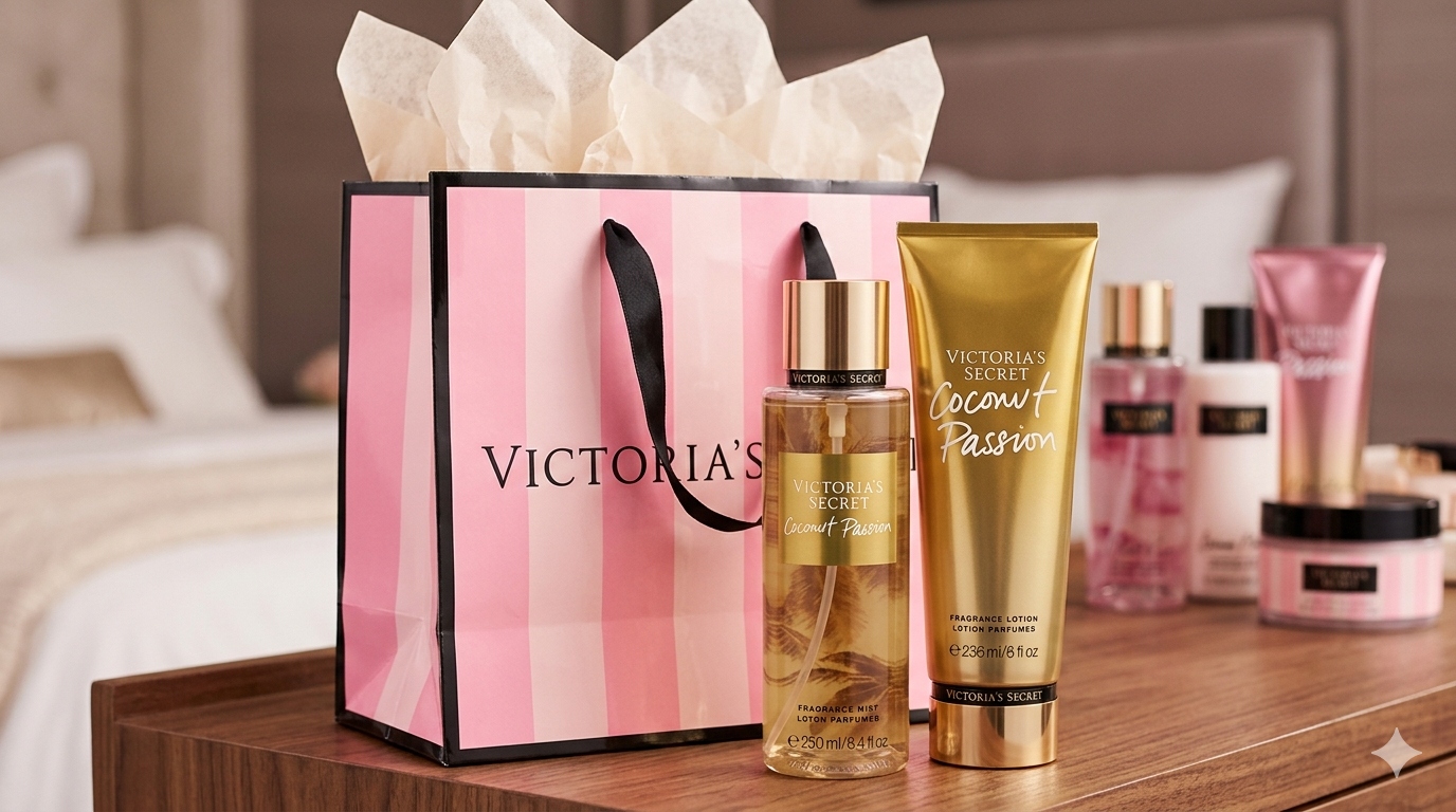 Zestaw Victoria’s Secret Coconut Passion mgiełka balsam torebka z logo
