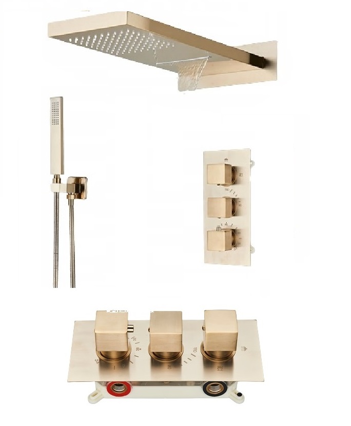 Zlatý matný sprchový set Termostat Vodopád